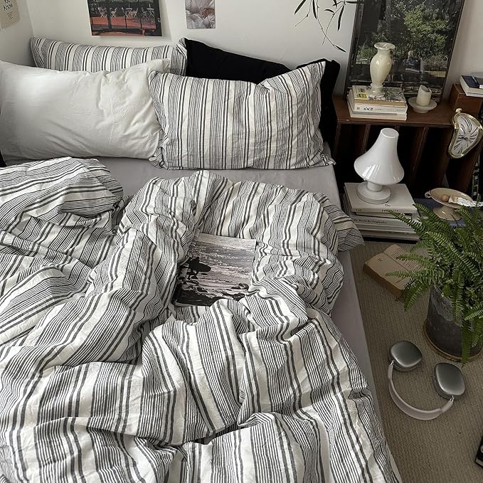 mixinni Vintage Gray & White Striped Duvet Cover Set - 3 Piece 100% Washed Cotton Queen Size Bedding | Minimalist Gender-Neutral Design | Ultra-Soft Breathable, with Zipper Closure & Corner Ties