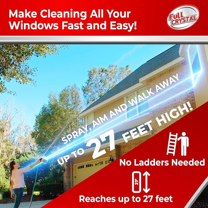 Full Crystal Window Cleaning Kit – 8 oz Glass Cleaner and Bottle with 27 ft Reach, Each 4 oz Bag Makes Up to 640 fl oz, Cleans Up to 40 Windows, Scrub-Free, Rinse-Free