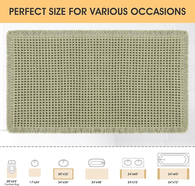 IM HOME Waffle Bath Mat Green 32"x20", Boho Woven Modern Bath Mat Rugs, Absorbent Non Slip Bathroom Rugs, Soft Washable Bath Rugs with Tassels for Bedroom, Kitchen, Shower, Tub