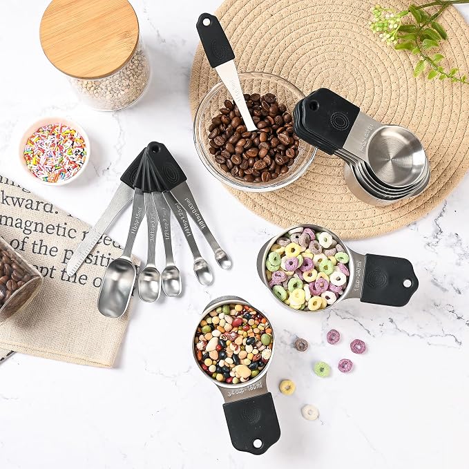 Magnetic Measuring Cups & Spoons Set 15, Stainless Steel Measuring Cups and Spoons Set, Heavy Duty Metal Measuring Cup & Spoon with Leveler & Measure Equivalents for Cooking & Baking