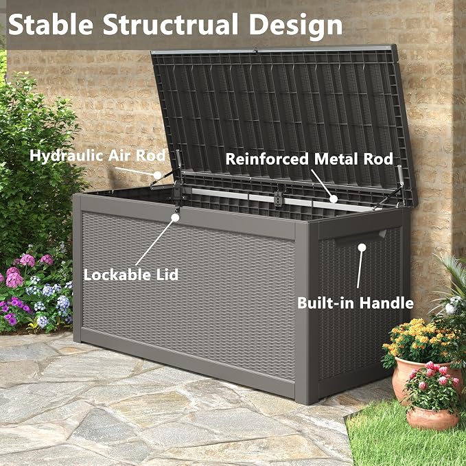 320 Gallon Outdoor Storage Box, Resin Deck Boxes Indoor and outdoor, Waterproof Storage Box Lockable Lid for Garden Tools, Package Delivery, Patio Cushions, Grey