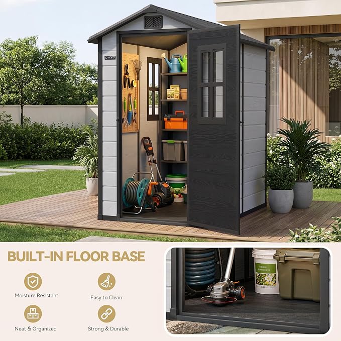 DWVO Outdoor Storage Shed 4.4×6FT, Plastic Garden Shed with 2 Windows | Resin Outdoor Tool Shed with Floor, Door Handle & Lock, Vents for Backyard Patio, Stores Bike Garden Tools, Gray & Black