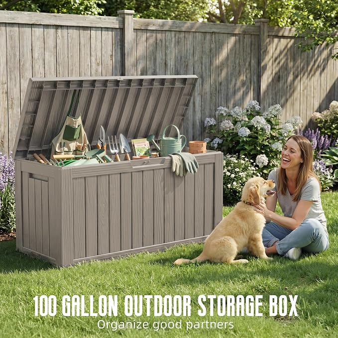 DRATO 100 Gallon Deck Boxes Outdoor Waterproof Storage Box with Wheels | Lockable Weatherproof Resin Outside Patio Storage Box for Backyard Furniture Pool Supplies Garden Tools, Grey