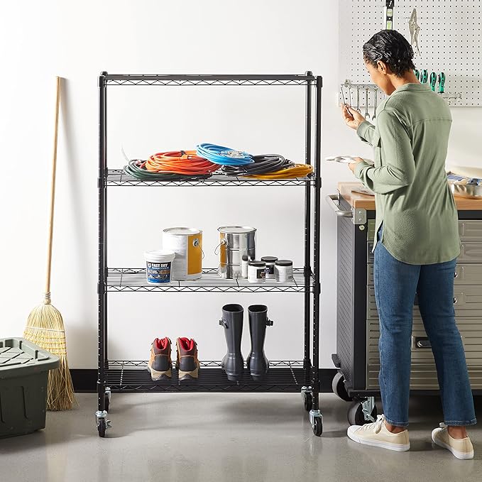 Amazon Basics 4-Shelf Heavy Duty Garage Shelving Storage Unit on 3" Wheel Casters, Adjustable Metal Wire Rack with Leveling Feet, 36" x 14" x 57.75", Black