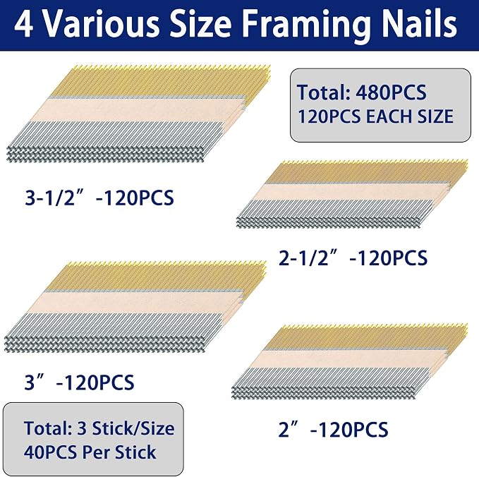 HW HAMWOO 34°Framing Nails,Ring Shank,2",2-1/2",3",3-1/2":480Pcs | D Head Nail Pack,Hot Dipped Galvanized Paper Tape Strip Nails,for 30 to 34 Degree Framing Nailer