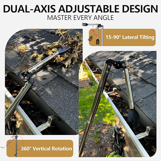 8.5 FT Gutter Cleaning Tool from the Ground with Spring Steel Rake | Dual-Axis Spring Steel Gutter Cleaner, Adjustable Length Cleaning Pole with Gutter Rake for Leaves, Muck and Roof Debris