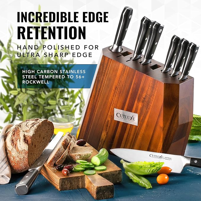 Cutluxe Kitchen Knife Set, 8-Piece Chef Knives with Acacia Wood Block | Razor Sharp Full Tang Blades, High Carbon German Steel – Artisan Series, Professional