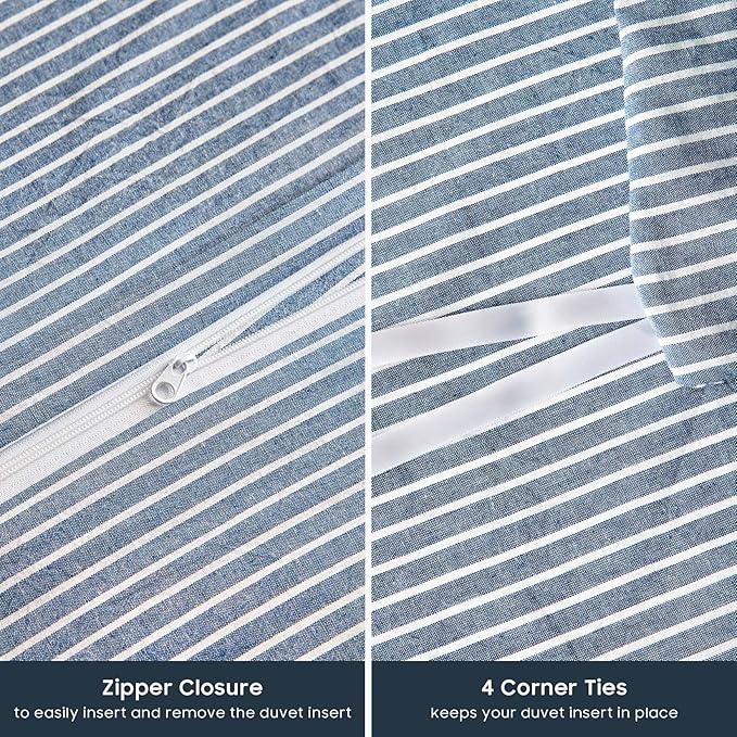 Wake In Cloud - Striped Cotton Duvet Cover Set, 100% Washed Cotton Textured Bedding Set, Ticking Stripe Pinstripe Farmhouse, 3 Pieces, Denim Blue, King Size