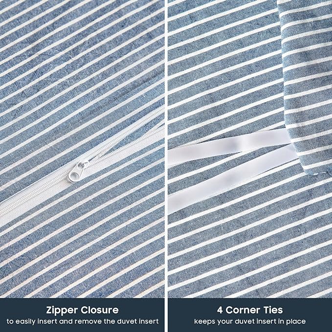 Wake In Cloud - Striped Cotton Duvet Cover Set, 100% Washed Cotton Textured Bedding Set, Ticking Stripe Pinstripe Farmhouse, 3 Pieces, Denim Blue, California King Size