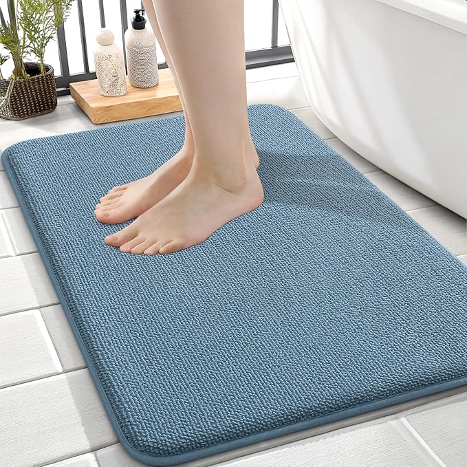 OLANLY Memory Foam Small Bathroom Rugs 24x16, Absorbent Bath Mat, Airy Blue | Soft Quick Dry Bath Mat Rugs, Non-Slip, Machine Washable Mat for Bathroom Floor, Tub and Shower, Home Decor Accessories