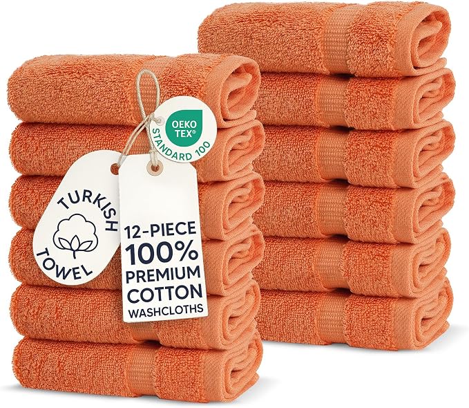 Chakir Turkish Linens 12 Piece Washcloth Set, 100% Cotton Luxury Turkish Washcloths for Bathroom, Soft Absorbent Washcloths, 13 x 13 Inches, Coral