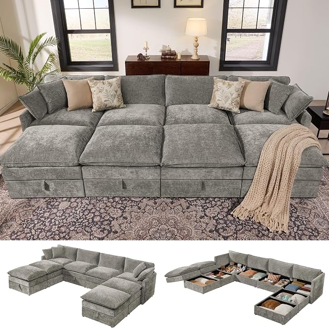 Ihanherry 135” Oversized Sectional Sofa Bed with Storage, 8-Seater Modular Cloud Couch with Movable Ottomans, Chenille Deep Seat Sleeper Couches for Living Room (Grey)