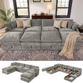 Ihanherry 135” Oversized Sectional Sofa Bed with Storage, 8-Seater Modular Cloud Couch with Movable Ottomans, Chenille Deep Seat Sleeper Couches for Living Room (Grey)