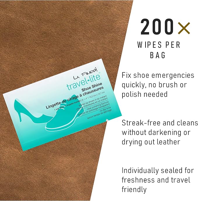 LA Fresh Travel Lite Pre-Moistened Shoe Shine Wipes Case of 200 Individually Wrapped Streak-Free Cleaning Wipes Perfect for Use On Leather and Convenient Size for On The Go