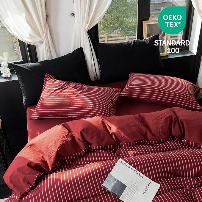 Reversible Duvet Cover Set 100% Washed Cotton Red Stripe Linen Feel Duvet Cover Queen Size with Zipper Closure & 2 Pillow Shams, Red/White Stripe Reverse Solid Red