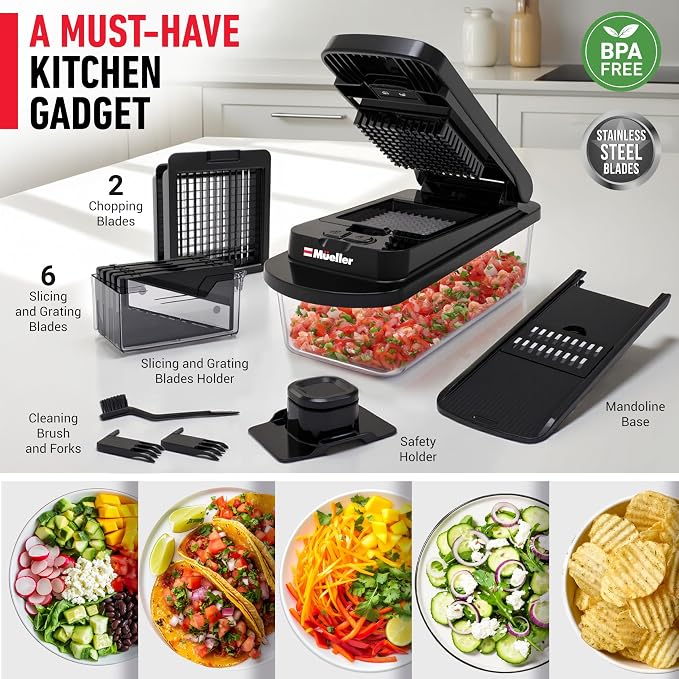MUELLER HOME Pro-Series 10-in-1, 8 Blade Vegetable Chopper, Mandoline Slicer, Onion Mincer, Cutter, Dicer, Veggie Chopper with Container, Kitchen Essentials, House Warming Gifts New Home, Black
