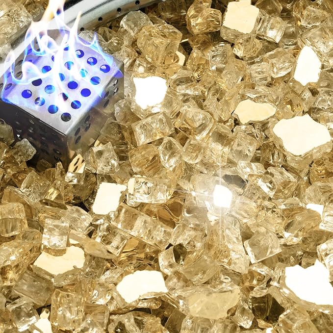 NUPICK 5 Pound Fire Glass, 1/2 Inch Reflective Fire Pit Glass | Tempered Fire Pit Rocks for Propane or Natural Gas, Glass Rocks for Fire Pit Table, Fireplace, Fire Bowl, Landscaping, Gold