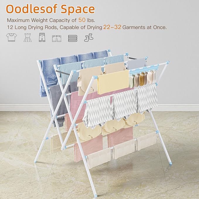 HOMIDEC Drying Rack Clothing,Large 12 Drying Poles with Sock Clips Clothes Drying Rack,Foldable Portable Laundry Drying Rack for Air Drying Clothing,Towels,Delicate Eac,Indoor Outdoor Use.White&Blue