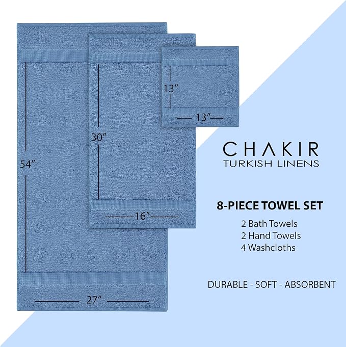 Chakir Turkish Linens Set of 8 Towel Set, 100% Cotton Luxury Turkish Towels for Bathroom, Soft Absorbent Bath Towel Set with 2 Bath Towels 2 Hand Towels 4 Washcloths, Wedgewood