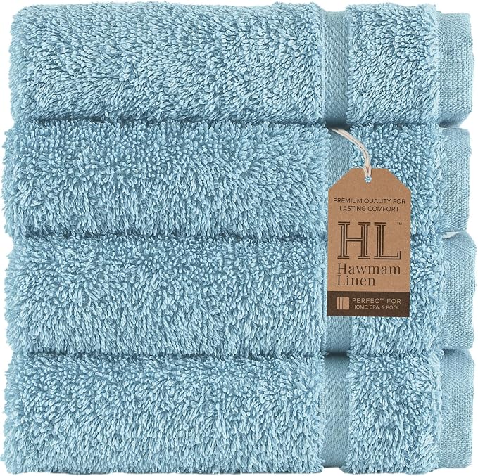 Washcloth Linen Set Premium Original Turkish Cotton, Hotel Quality for Maximum Softness & Absorbency for Face, Hand, Kitchen & Cleaning (Light Blue, Washcloth Set)