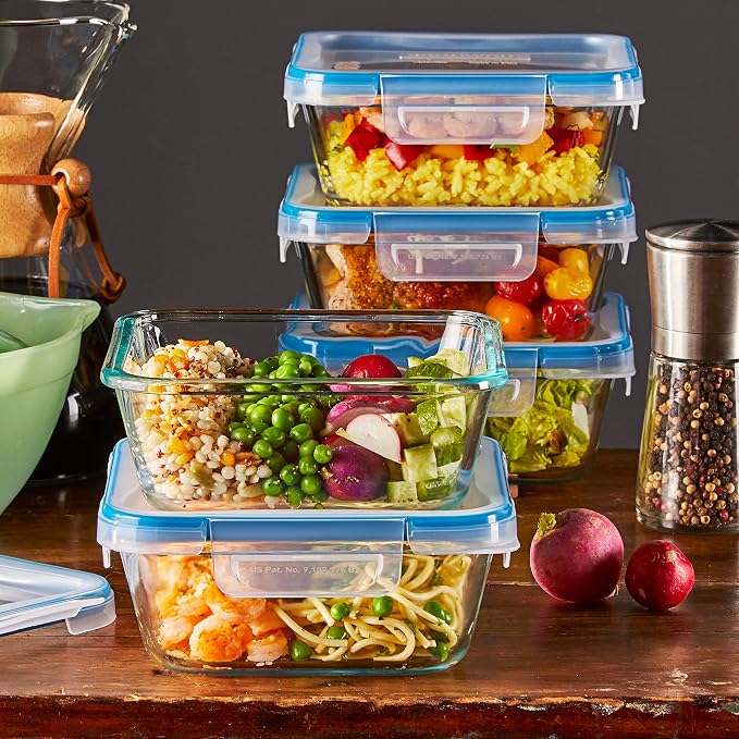 Snapware Glass Total Solutions (5-Pack, 4 Cup) Food Storage Containers Set, Airtight & Leakproof Plastic Locking BPA-Free Lids, Freezer Dishwasher Microwave Safe