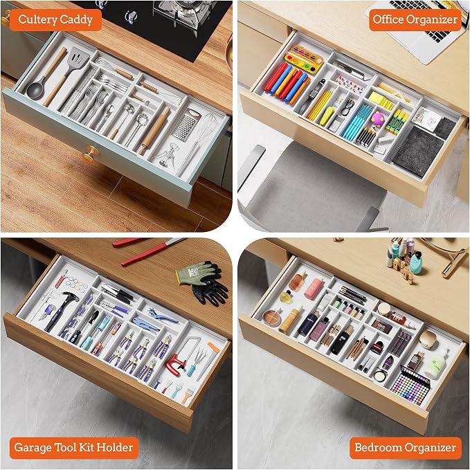 Silverware Organizer Large, Magnetic Connected Expandable 13 Slots Silverware Drawer Organizer from 21 to 37.4 Inches, Adjustable Flatware and Cutlery Holder, Bamboo Utensil Tray for Kitchen White