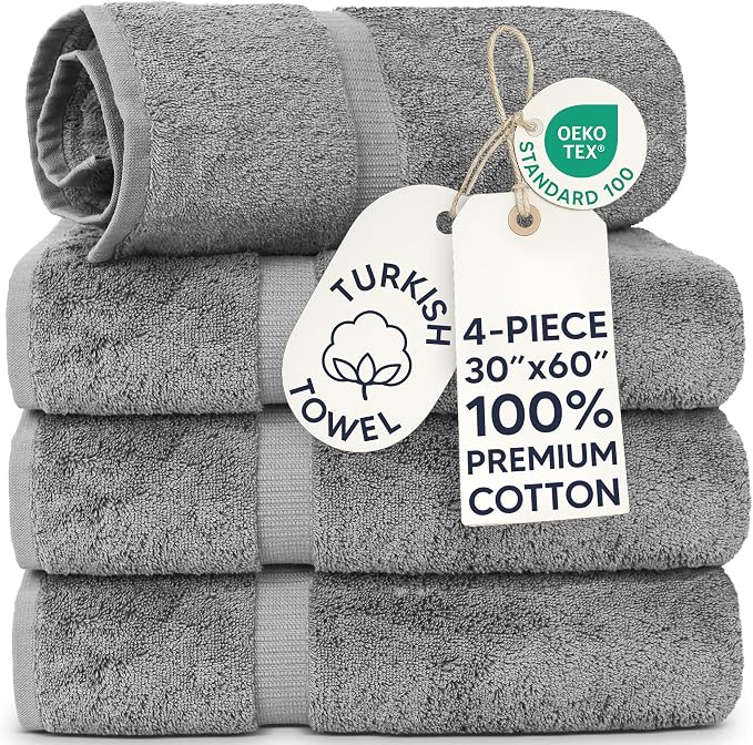 Chakir Turkish Linens 4 Piece Extra Large Bath Towels, 100% Cotton Luxury Turkish Towels for Bathroom, Soft Absorbent Bath Towels, 30 x 60 Inches, Gray