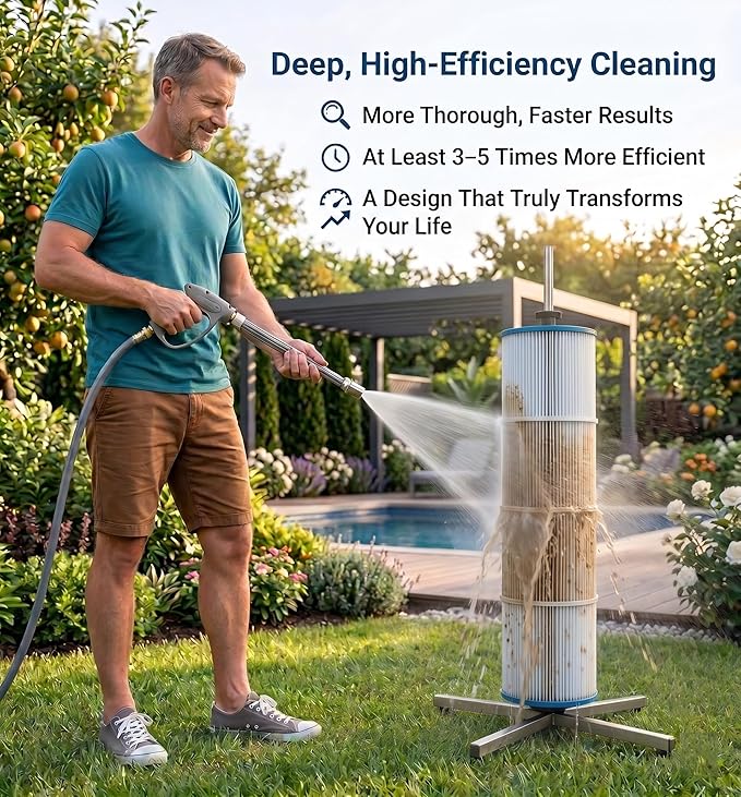 Deerchirp Filter Cleaner, Cut Cleaning Time By 6X for Deeper Cleaning, Rotary Pool Cartridge Filter Cleaner, Bend-Free Use, Stainless Steel Pool Filter Cleaning Stand Tool, Fits 3”, 4”, 6” ID Filters