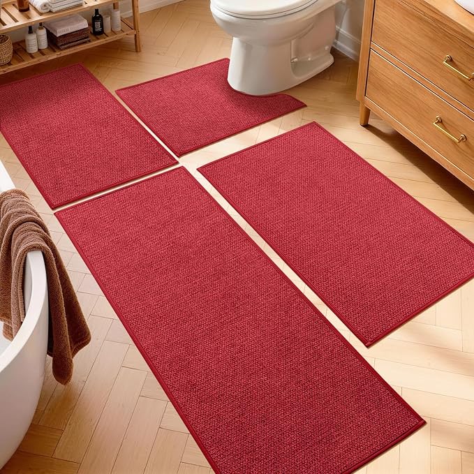 YIHOUSE Red Bathroom Rugs Sets 4 Piece, Quick Dry Thin Bath Mat with Toilet Rug, Non Slip Absorbent Machine Washable, Bath Runner Rugs for Bathtub Sink Home Decor