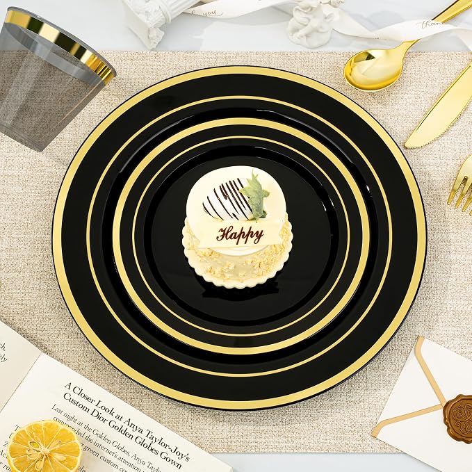 BESTVIP 525PCS Black Gold Dinnerware Set for 75 Guests, Plastic Plates for Halloween Party and Christmas, 75 Disposable Plates, 75 Dessert Plates, 75 Cups, 75 Spoons, 75 Forks and 75 Knives