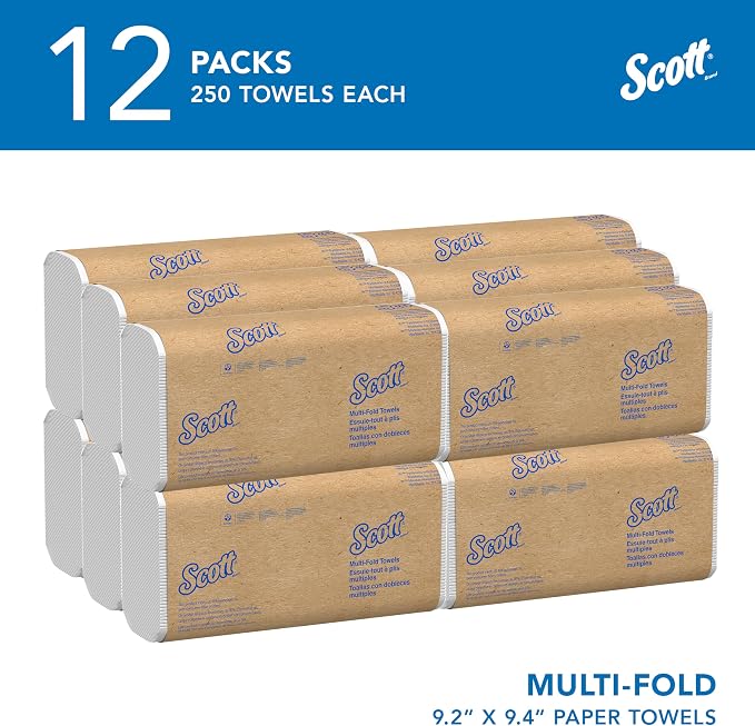Scott Professional Multifold Paper Towels, Bulk, 12 x 250 Sheets (58091) | Universal, Standard Tier, Absorbency Pockets, Compressed, White, Compatible with Universal Folded Towel Dispensers