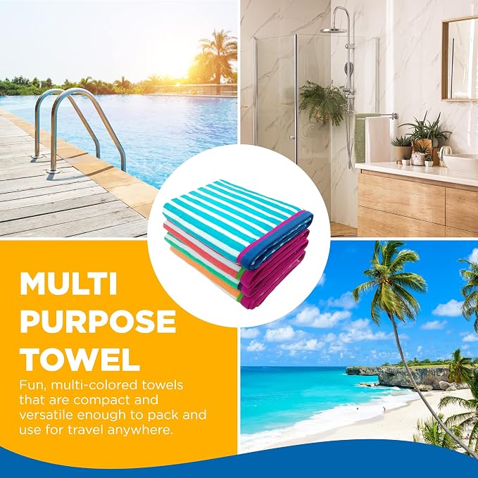 Kaufman - Colorful Racing Striped Beach & Pool Towel - Extra Large Beach Towel - Soft & Absorbent 100% Cotton Towels - Assorted Colors - 32" x 62" - 24 Pack