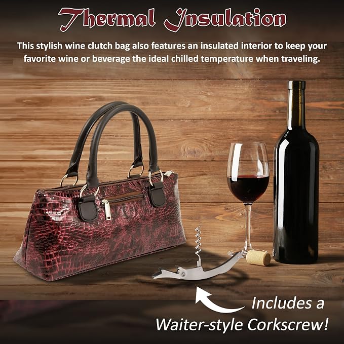 Wine Clutch Bag (Thermal Insulated) Trendy Women’s Carry Tote | Holds Red & White 750mL Bottles | Trendy Fashion | Incl. Portable Waiter-Style Corkscrew