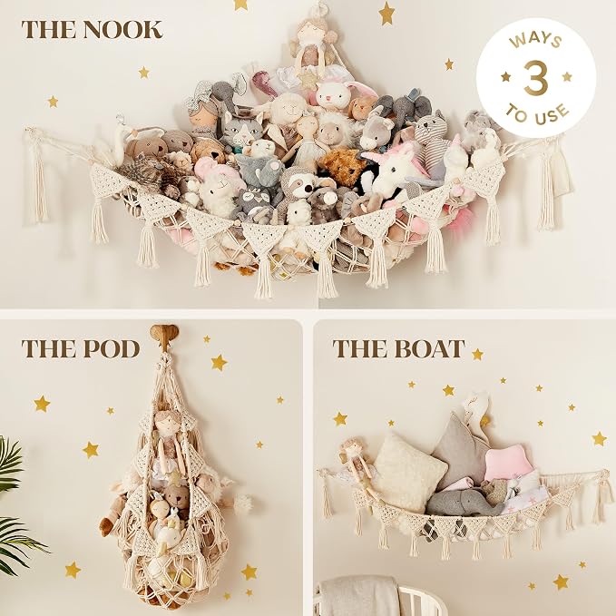 TIDYTEDS Stuffed Animal Hammock Corner | Sturdy Handcrafted Stuffed Animal Net | 4mm Double Macrame Cord Stuffed Animal Holder | Natural 100% Cotton Plushie Net | Toy Hammock w/LED Light (Ice Cream)