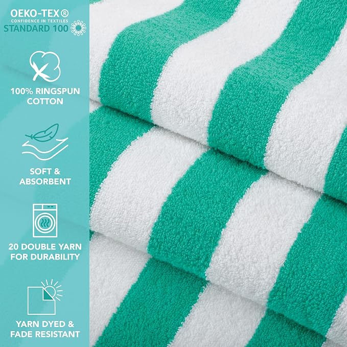 Arkwright California Cabana Stripe Beach Towel - Pack of 4, Large Soft Quick Dry 100% Cotton Terry Towels Set for Pool, Swim, and Hot Tub, Oversized 30 x 70 in, Green