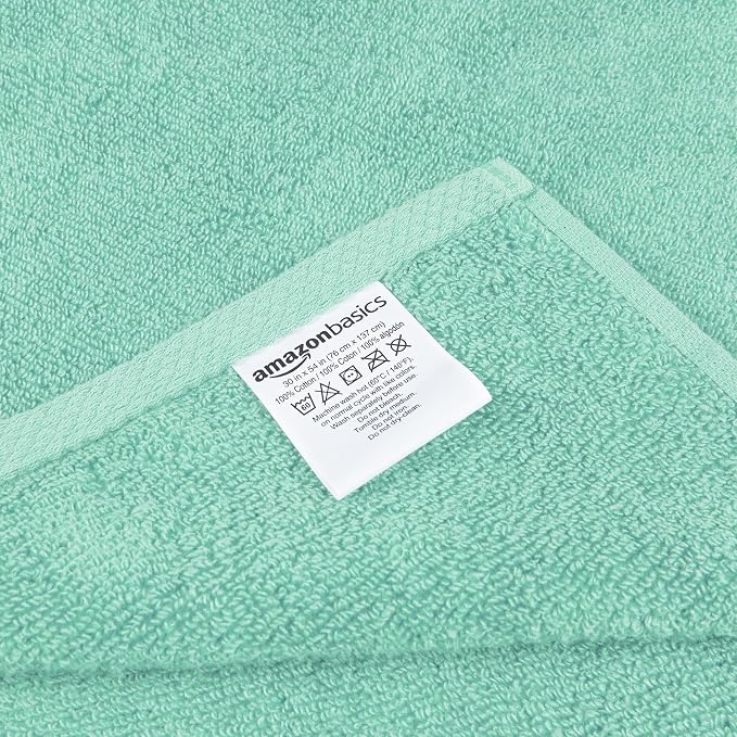 Amazon Basics Quick-Dry Lightweight Moisture Absorbing Bath Towel,100% Cotton,54" x 30",Seafoam Green,2 Count (Pack of 12)