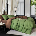 Reversible Duvet Cover Set 100% Washed Cotton Green Stripe Linen Feel Duvet Cover King Size with Zipper Closure & 2 Pillow Shams, Green/Brown Stripe Reverse Solid Brown