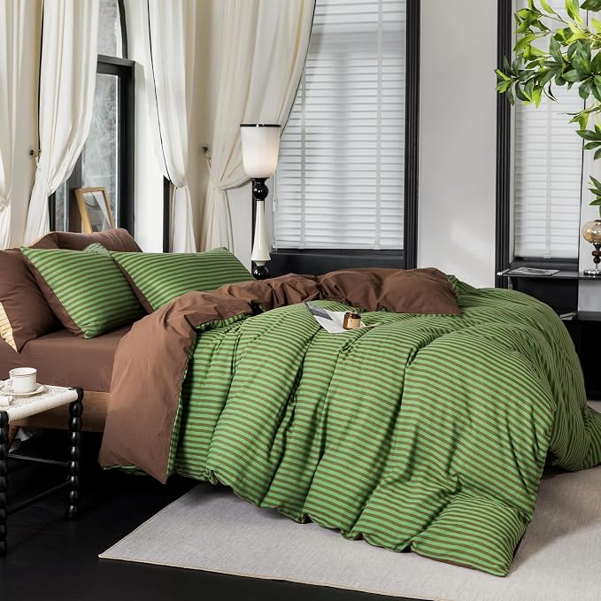 Reversible Duvet Cover Set 100% Washed Cotton Green Stripe Linen Feel Duvet Cover King Size with Zipper Closure & 2 Pillow Shams, Green/Brown Stripe Reverse Solid Brown