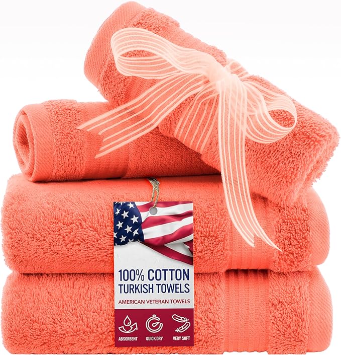 American Veteran Towel, 100% Cotton Turkish Washcloths for Bathroom Essentials 4 Pack, Soft Absorbent Wash Cloths Quick Drying Small Towels Washrags, Coral