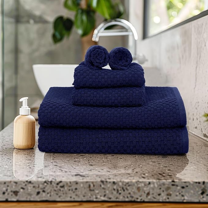 COTTON CRAFT Euro Spa Waffle Weave 6 Piece Towel Set - 100% Cotton - Navy | 2 Oversized Luxurious Large Bath Towels, 2 Hand Towels, 2 Washcloths - Soft Plush Super Absorbent Low Lint Quick Dry