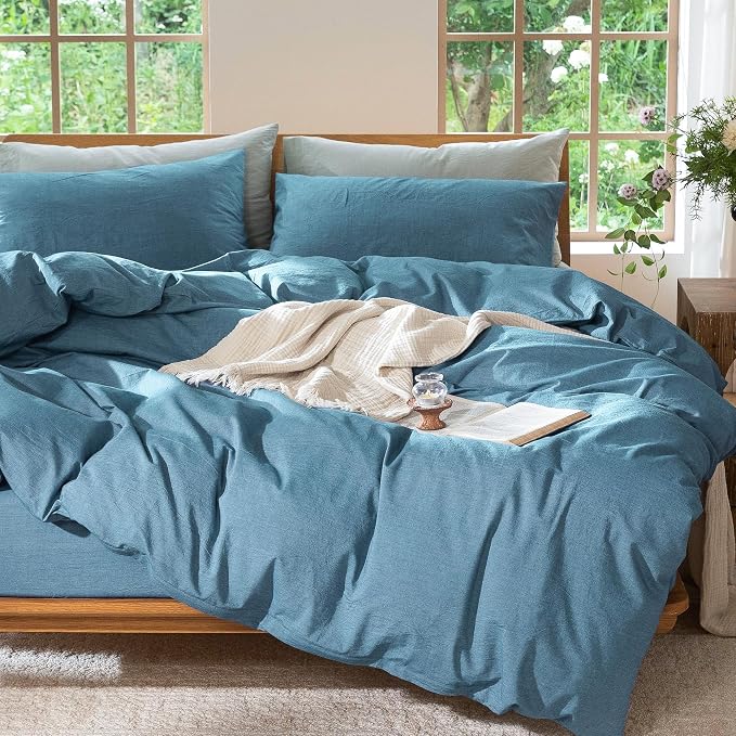 MooMee Duvet Cover Set 100% Washed Cotton Linen Like Full | Relaxed Linen-like Texture. Soft, Breathable & Long-lasting Comfort. Lightweight. Hidden Zipper with 8 Interior Corner Ties