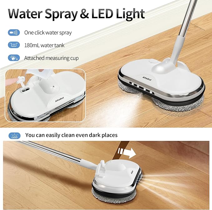 Cordless Electric Mop, WS24 Cordless Spin Mop for Floor Cleaning, Lightweight & Rechargeable Floor Cleaner with Water Sprayer and LED Headlight for Hardwood and Tile Floors, White