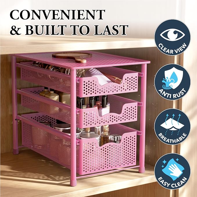 Simple Houseware Stackable 3 Tier Sliding Basket Organizer Drawer, Pink