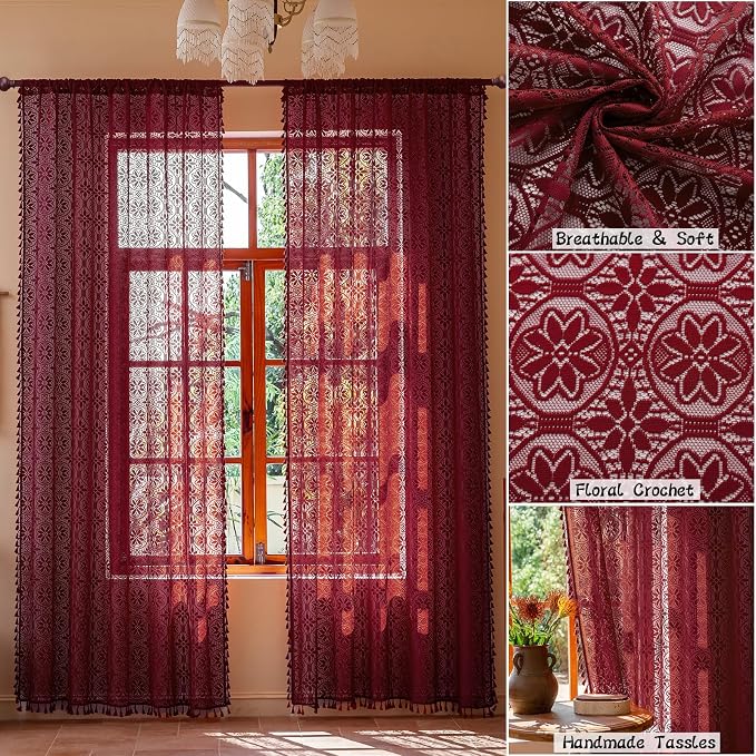 Sutuo Home Burgundy Boho Sheer Curtains 84 inches Long 2 Panels for Bedroom | Red Lace Curtains Cottage Light Filtering Bohemian Farmhouse Vintage Crochet Tassels Victorian Floral Decor Rod Pocket, 50" W