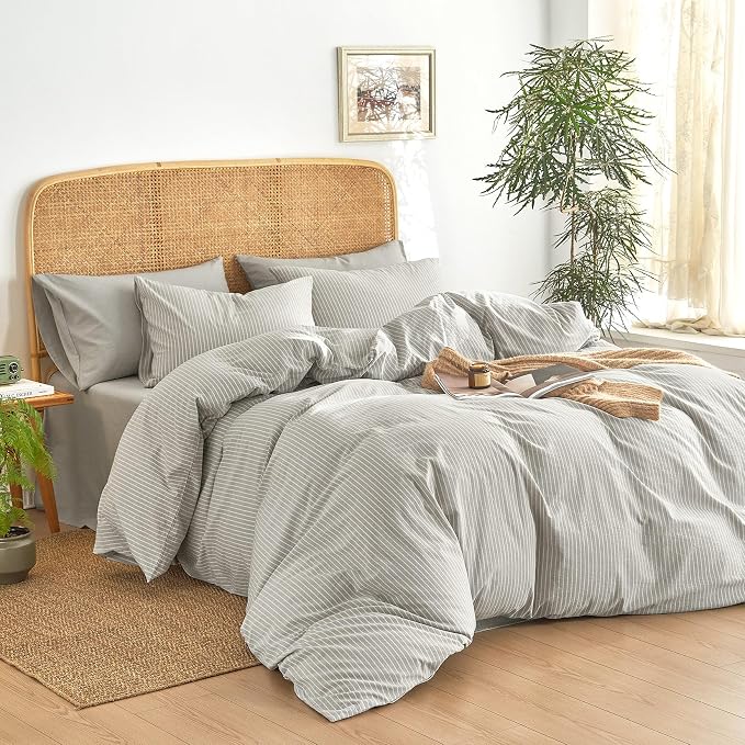 Wake In Cloud - Striped Cotton Duvet Cover Set, 100% Washed Cotton Textured Bedding Set, Ticking Stripe Pinstripe Farmhouse, 3 Pieces, Light Grey, Queen Size