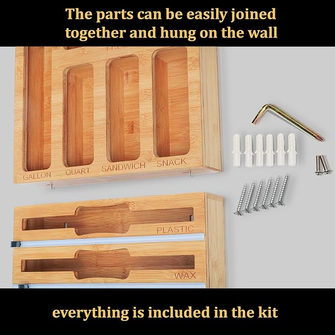 9 in 1 Bamboo Drawer Organizer for Kitchen — Zip Top Bag, Foil and Plastic Wrap Storage with Chalkboard Labels, Fits Gallon Quart Sandwich Snack Bags, Pantry Organization