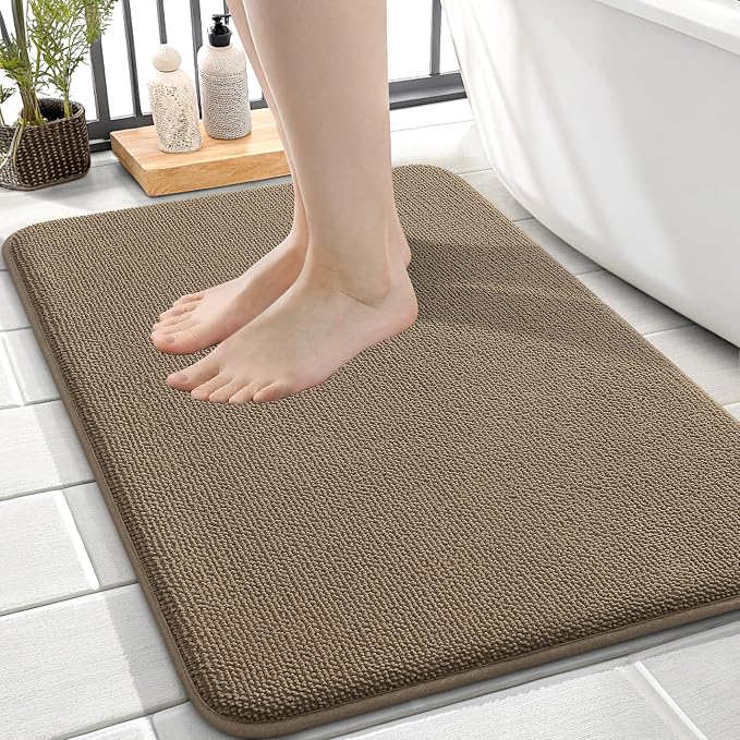 OLANLY Thick Memory Foam Small Bathroom Rug 24x16, Absorbent Bath Mat, Tan | Soft Quick Dry Bath Mat Rugs, Non-Slip, Machine Washable Mat for Bathroom Floor, Tub and Shower, Home Decor Accessories