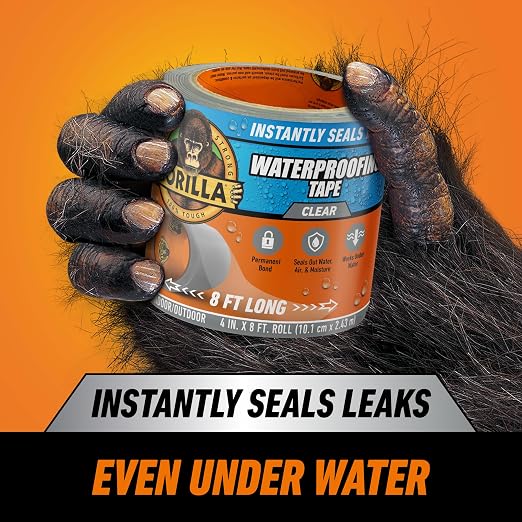 Gorilla Waterproof Patch & Seal Tape, Clear Tape, 4" x 8' (Pack of 4) - Permanent Weather Resistant Seal for Leaks and Repairs
