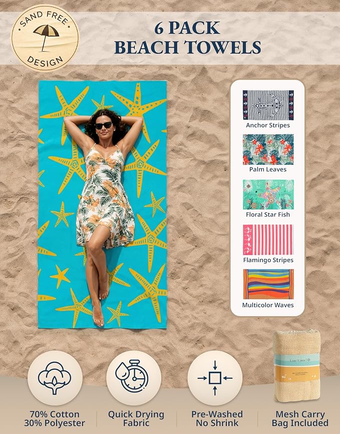 LANE LINEN Turkish Beach Towels for Women, 6 Pcs, Extra Large - Coastal Mix | Large 39"x71", Pre-Washed - No-Shrink, Sand-Free - Quick Dry, Lightweight - Soft Beach Bath Towels, Vacation Essential