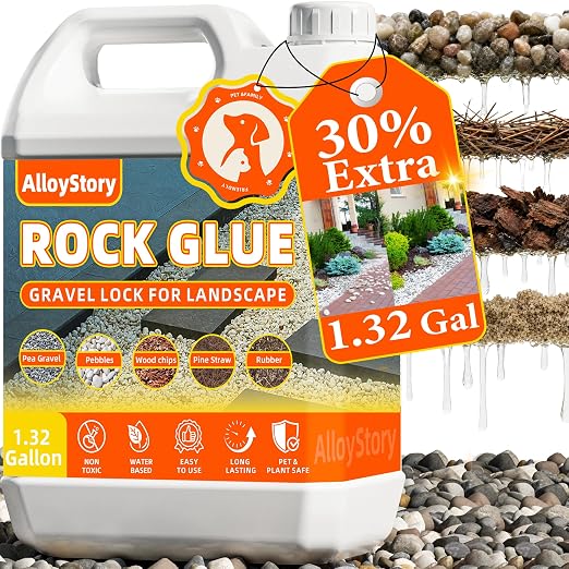 1.32Gallon Rock Glue for Landscaping, Pea Gravel Binder & Stone Adhesive | Strong Mulch Glue & Gravel Stabilizer for Pea Gravel, Pebbles, and Stone for Garden Walkways, Yards, Patios, and Driveways